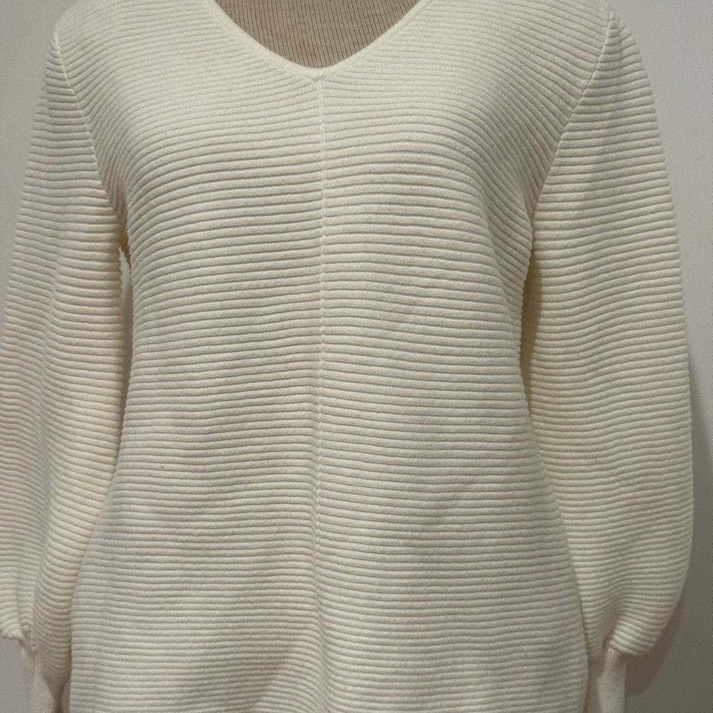 Cream Ribbed Ballon Sleeve Pullover Sweater